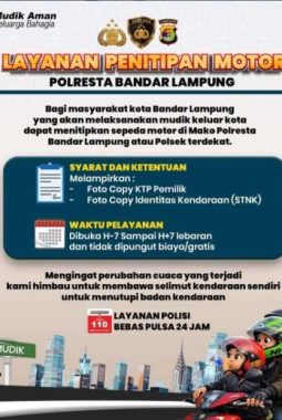 ‎Mudik Lebaran, Kendaraan Warga Bandar Lampung Bisa Dititipkan Gratis di Kantor Polisi